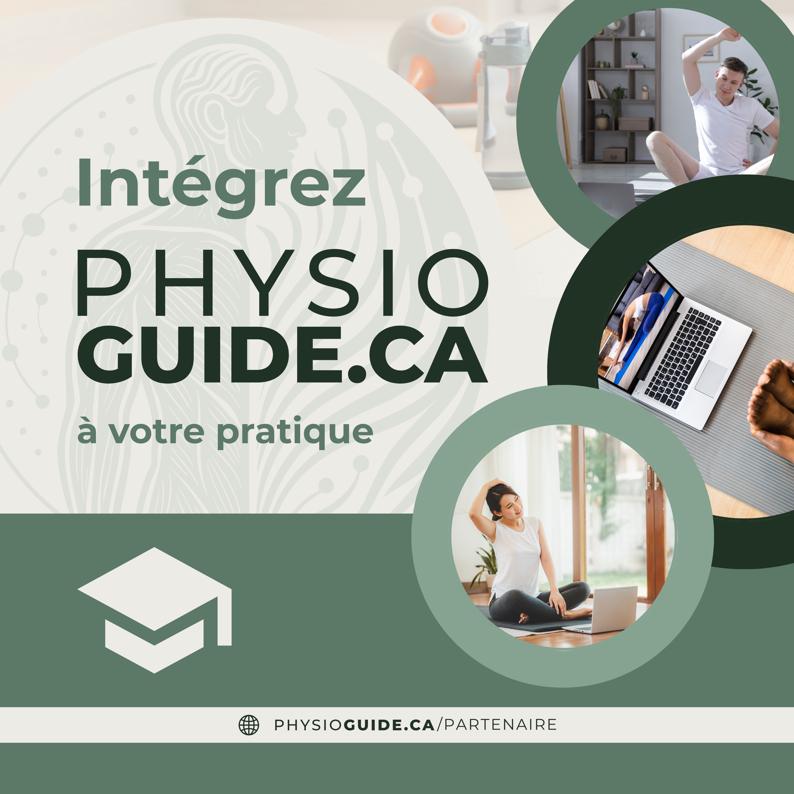 PhysioGuide a pour mission de rendre la physiothérapie plus accessible, plus pratique et réellement efficace pour toutes celles et ceux qui souhaitent soulager leurs douleurs, accélérer leur rétablissement, améliorer leurs mouvements et prendre soin de leur corps au quotidien.  En devenant partenaire, vous offrez à votre clientèle une solution pour prendre en charge sa douleur dès maintenant, malgré les listes d’attente. Vos patients peuvent commencer avec nos capsules web et nos programmes guidés, poursuivre avec des rencontres virtuelles avec vous, puis, au besoin, compléter leur parcours par un suivi en clinique. Un modèle flexible, évolutif et centré sur des résultats concrets.  PhysioGuide, c’est une réponse directe à une problématique grandissante : aider les patients maintenant — sans attendre que la douleur “se calme toute seule”.